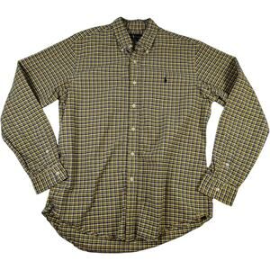 Ralph Lauren Custom Fit Shirt Men's Lg Yellow Navy Blue Plaid Preppy Old Money